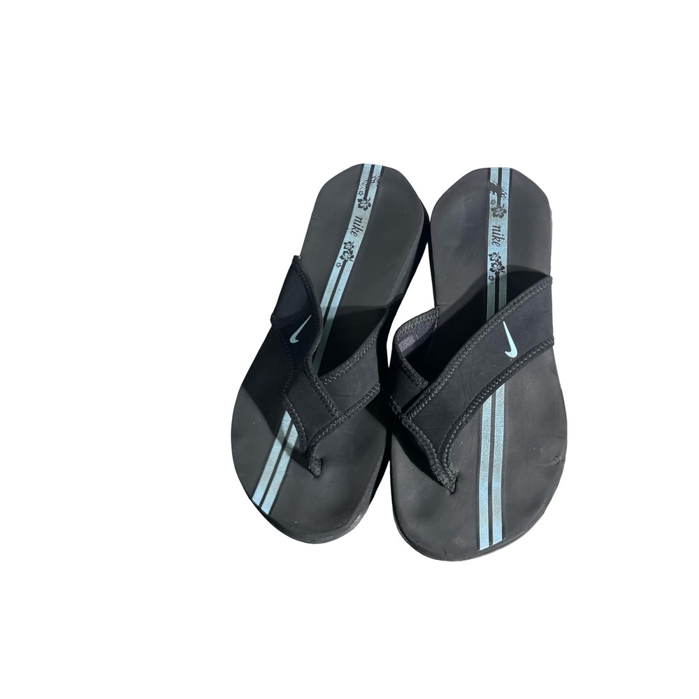 Nike Womens Flip Flops Black Light Blue Floral Stripe Sandals 310896-041 Size 7 - Picture 9 of 12